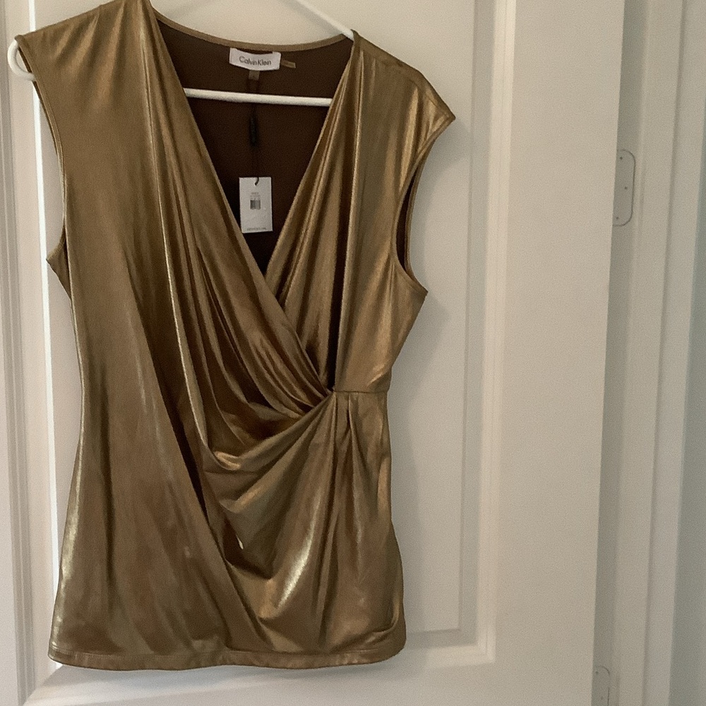 Calvin Klein Metallic Gold Drape Blouse